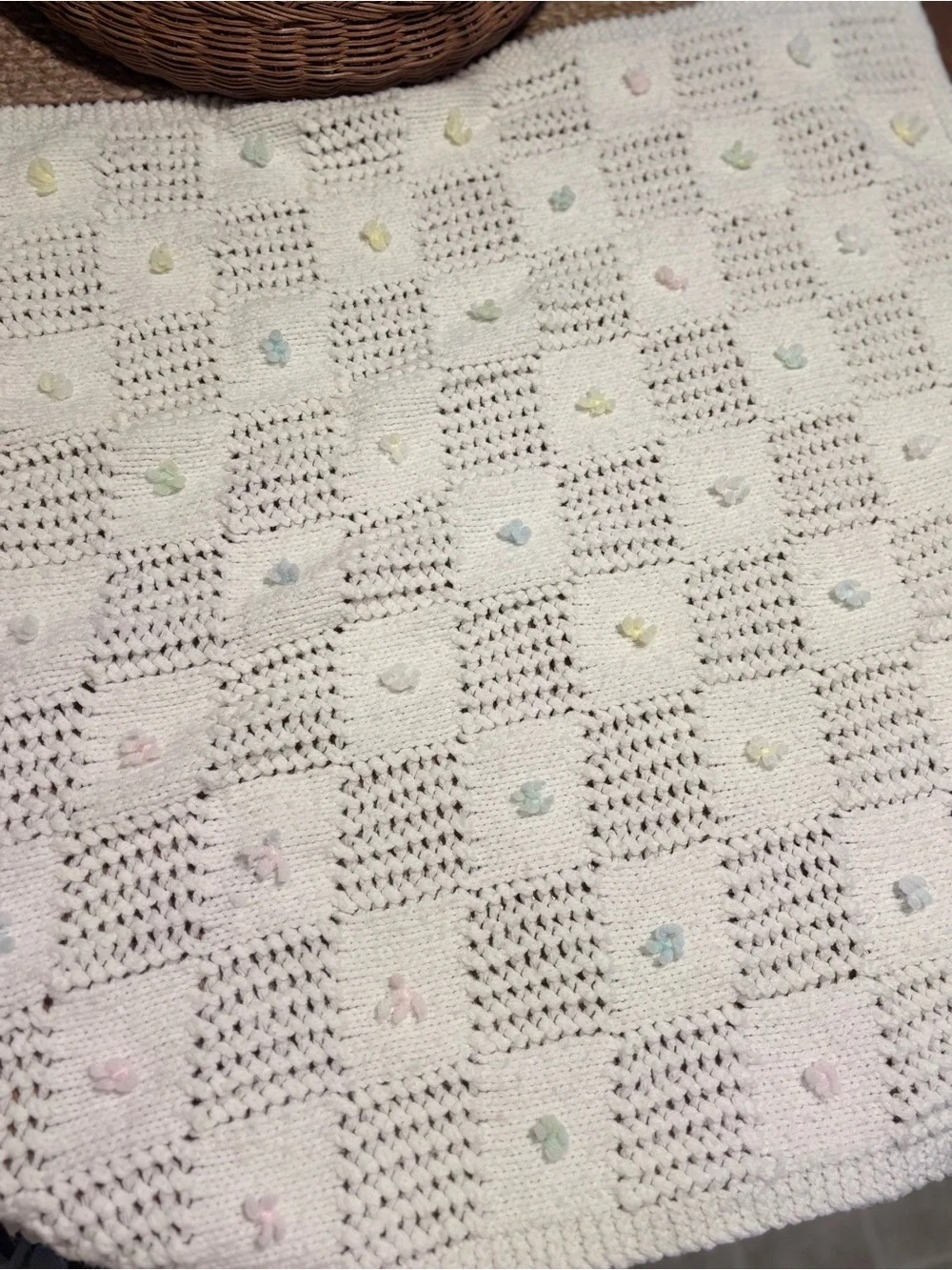 Handmade White Crochet Baby Blanket with Pastel Bobbles